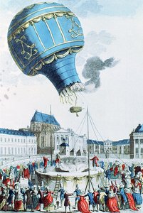 صعود منطاد الأخوين مونتغولفير أمام العائلة المالكة في فرساي عام 1783 (نقش الألوان) بواسطة المدرسة الفرنسية