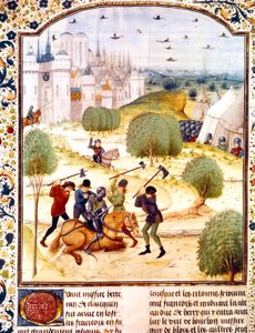 اغتيال فارس إنجليزي خارج باريس عام 1437 (حرب 100 عام) إضاءة من سجلات إنجلترا كتبها جان دي وافرين بواسطة المدرسة الفرنسية