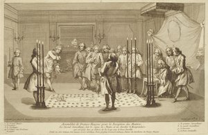 تجميع الماسونيين قبل بدء الماجستير ، من احتفالات الدين والعرف c.1733 بواسطة المدرسة الفرنسية
