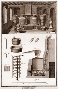 ورشة عمل لتقطير البراندي - "La Grande Encyclopedie، or Dictionnaire Raisonne des Sciences، des Arts et des Metiers" (موسوعة أو قاموس العلوم والفنون والمهن) بقلم دينيس ديدرو (1713-1784) وجان بواسطة المدرسة الفرنسية