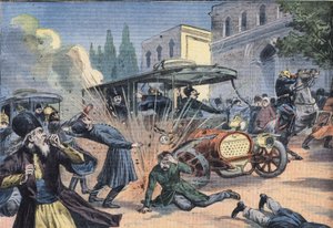 الهجوم على شاه بلاد فارس محمد علي شاه قاجار (1872-1925). نقش من جريدة "Le Petit Parisien" " بواسطة المدرسة الفرنسية