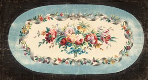 تصميم Aubusson لظهر صوفا أو ظهر مقعد بخاخات زهور مختلطة داخل حدود مخططة ونباتية بواسطة المدرسة الفرنسية