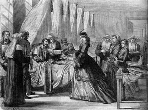 الحرب النمساوية البروسية (1866): الإمبراطورة إليزابيث النمساوية (سيسي) (1837-1898) تزور الجنود الجرحى في فيينا. نقش في "" Le Monde Illustré "" رقم 486 بتاريخ 4 أغسطس بواسطة المدرسة الفرنسية