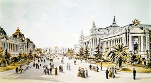شارع نيكولاس الثاني يظهر القصر الكبير وقصر بيتيت أثناء معرض يونيفرسيل في باريس ، رسم توضيحي من "L'Univers Illustré" بواسطة المدرسة الفرنسية