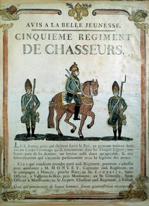 Avis à la Belle Jeunesse ، ملصق تجنيد للفوج الخامس للصيادين في القرن الثامن عشر. باريس ، متحف الجيش بواسطة المدرسة الفرنسية