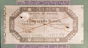 ورقة نقدية بقيمة 500 فرنك من الرابع والعشرين من العام الحادي عشر ، 1806 (حبر على ورق) بواسطة المدرسة الفرنسية