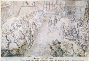 مأدبة في بطولة Sandricourt عام 1493 (حبر بني وقلم رصاص على ورق) بواسطة المدرسة الفرنسية