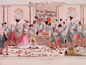 مأدبة أقامها حراس الملك الشخصيون في الأول من أكتوبر عام 1789 للترحيب بوصول فوج فلاندرز (نقش) بواسطة المدرسة الفرنسية
