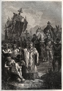 بابيم زعيم الساكسون الوثني ويدكيند تحت ضغط الإمبراطور شارلمان - شارلمان يفرض المعمودية على الساكسونيين - تحويل Widukind أو Witikind قبل شارلمان في 785 - نقش من L'histoire de France racontee à mes g بواسطة المدرسة الفرنسية