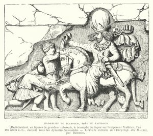 Bas-relief near Kazerun, Iran, depicting the victory of the Sasanian king Shapur I over the Roman Emperor Valerian at the Battle of Edessa, 260 (engraving) بواسطة المدرسة الفرنسية
