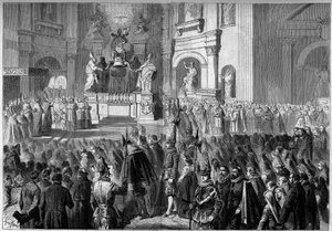 صلاة البابا بيوس التاسع (1792-1878) على مذبح منبر كنيسة القديس بطرس في روما ، بعد الترميم. مذبح بني بين عامي 1656 و 1658 من قبل جيانلورنزو بيرنيني (برنيني بواسطة المدرسة الفرنسية