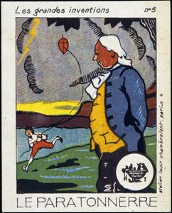 Benjamin Franklin, American politician and physicist (1706-1790) and the lightning rod (the experience of the kite) - Label, Deb. 20th century بواسطة المدرسة الفرنسية