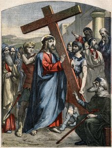 مشهد الكتاب المقدس - طريق الصليب: يسوع هو ثقل الصليب. نقش في "" Le Pelerin "في 3 مايو بواسطة المدرسة الفرنسية