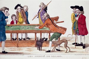 Billiards players (thermidor of the year 8 of the revolutionary calendar) (1800). Cartoon. Colour engraving of the French school of the revolutionary period. Paris, Musee Carnavalet بواسطة المدرسة الفرنسية