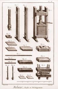 Bookbinder - press and development - "" The Great Encyclopedie، ou Dictionnaire Raisonne des Sciences، des Arts et des Metiers "(موسوعة أو قاموس العلوم والفنون والمهن) بقلم دينيس ديدرو (1713-1784) وجان دالمبيرت ( 1717-1783) بواسطة المدرسة الفرنسية