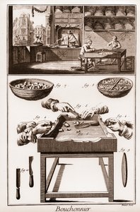Bouchonnier ، صناعة سدادات الفلين - "" La Grande Encyclopedie، ou Dictionnaire Raisonne des Sciences، des Arts et des Metiers "(موسوعة أو قاموس العلوم والفنون والمهن) بقلم دينيس ديدرو (1713-1784) وجان دالمبيرت (1717 بواسطة المدرسة الفرنسية