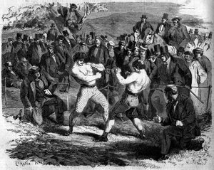 قتال ملاكمة بين الإنجليزي توماس سايرز (1826-1865) والأمريكي جون كارمل هينان (1833-1873) في ألدرشوت ، إنجلترا ، 17 أبريل بواسطة المدرسة الفرنسية