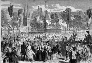 بريتون بول في ساحة المعركة في كيمبر (فينيستير ، 29) بحضور نابليون الثالث (1808-1873) والإمبراطورة أوجيني (1826-1920). نقش في "" Le Monde Illustré "" رقم 72 بتاريخ 28 أغسطس بواسطة المدرسة الفرنسية