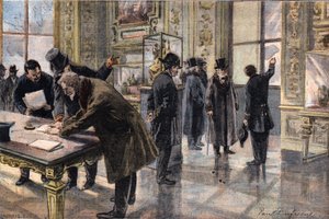 محاولة السطو على متحف اللوفر ، باريس ، رسم توضيحي من صحيفة Le Petit Parisien الفرنسية ، 2 فبراير بواسطة المدرسة الفرنسية