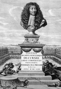 تمثال نصفي للملك لويس الرابع عشر الكبير (1638-1715) - في "" Festiva ad Capita Cancellumque Decursio، A Rege Ludovico XIV ... ""، C. Perrault، Paris Imprimerie Royale بواسطة المدرسة الفرنسية