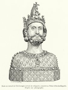 تمثال نصفي من فيرميل لشارلمان يعمل كمذخر ، محفوظ في Tresor d'Aix-la-Chapelle (نقش) بواسطة المدرسة الفرنسية