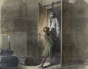 قضية كالاس: في 13 أكتوبر 1761 ، عُثر على مارك أنطوان كالاس مشنوقًا في متجر العائلة في تولوز - نقش في "" Causes celebres de tous les peuples "" من تصميم Armand Fouquier (1817-18؟) 1858-1867 - مجموعة خاصة بواسطة المدرسة الفرنسية