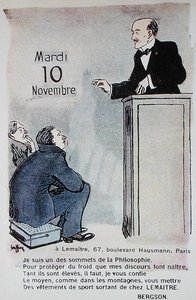 تقويم عام 1914 للإعلان عن الملابس الرياضية مع صورة كاريكاتورية للفيلسوف الفرنسي هنري بيرجسون (1859-1941) بواسطة المدرسة الفرنسية