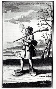 كندي مع حذاء ثلجي يذهب إلى الحرب على الثلج ، من Histoire de lAmerique septentrionale بواسطة Bacqueville de La Potherie (1663-1736) نشر في 1753 بواسطة المدرسة الفرنسية