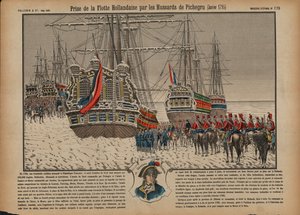 الاستيلاء على الأسطول الهولندي في Ijsselmeer المجمد بواسطة فرسان فرنسيين بقيادة الجنرال Pichegru ، يناير 1795 (نقش ملون) بواسطة المدرسة الفرنسية