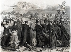 كاريكاتير عن Unigenitus دستور رسولي على شكل ثور بابوي أصدره البابا كليمنت الحادي عشر في عام 1713 ، افتتح المرحلة الأخيرة من الجدل Jansenist في فرنسا 1713 (نقش) بواسطة المدرسة الفرنسية