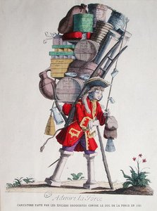 رسم كاريكاتوري لهنري جاك نومبار دي كومون (1675-1726) ، خامس دوك دي لا فورس ، صنعه "Epiciers Droguistes" (أمناء المخازن العامة والبقالة) بواسطة المدرسة الفرنسية
