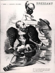 رسم كاريكاتوري لجان بابتيست فرانسوا بريسانت (1815-1886) في دور دون كارلوس في "هرناني" بقلم فيكتور هوغو (1802-1885) ، رسم توضيحي لغلاف "Le Masque" ، 27 أغسطس 1867 (نقش) (صورة b / w) بواسطة المدرسة الفرنسية
