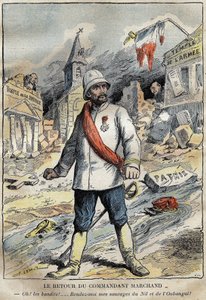 Cartoon on commander Jean-Baptiste (Jean Baptiste) Marchand (1863-1934), in Toulon, returning from an exploration mission (1896-1899) in Africa. Engraving in “” Le Pelerin”” 4/06/1899. بواسطة المدرسة الفرنسية