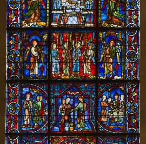 Cathedrale de Chartres ، الزجاج المعشق: سيدتنا ذات الزجاج الجميل مع مركز تفاصيل الحياة العامة للمسيح بواسطة المدرسة الفرنسية