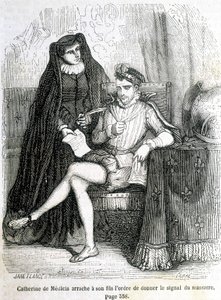 كاترين دي ميديشي (كاترينا دي ميديشي) تمزق من ابنها (تشارلز التاسع) الأمر لإعطاء إشارة لمذبحة القديس بارتيليمي عام 1572 - في "تاريخ فرنسا" بقلم L.-P. Anquetil بواسطة المدرسة الفرنسية