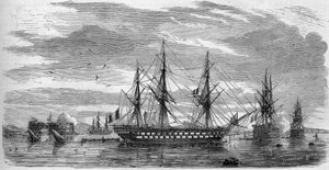 الاحتفال الكاثوليكي: الجمعة العظيمة (الجمعة المقدسة) في تولون (فار ، 83) عام 1858. السفن لها قضبان متقاطعة وأعلامها نصف حبال حبال كعلامة على الحداد. نقش في "" Le Monde Illustré "" رقم 53 بتاريخ 17 أبريل 1858. بواسطة المدرسة الفرنسية
