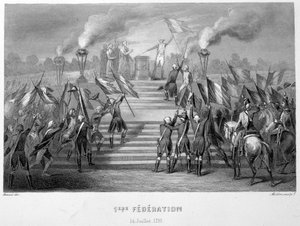 الاحتفال بالاتحاد الوطني الأول في 14 يوليو 1790 على مذبح الوطن في الشان دو مارس ، بمناسبة الذكرى الأولى للاستيلاء على الباستيل - في "Fasttes de Gardes nationales de France" بواسطة المدرسة الفرنسية