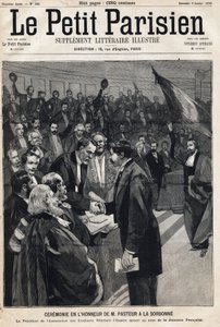 حفل على شرف العالم لويس باستور (1822-1895) في جامعة السوربون للاحتفال بعيد ميلاده. احدى جريدة "لو بيتي باريزيان" "Le Petit Parisien" في 1/8/1893 (حفر) بواسطة المدرسة الفرنسية
