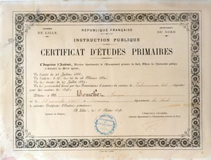 شهادة التعليم الابتدائي ، أكاديمي دي ليل ، 1898 (حبر على ورق) بواسطة المدرسة الفرنسية