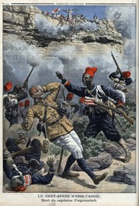 تشاد ، كمين في Abir Taouil (Abir-Taouil) ، وفاة النقيب Fiegenschuh ، رسم توضيحي من Le petit Journal ، ملحق illustrique ، 6 مارس 1910 بواسطة المدرسة الفرنسية