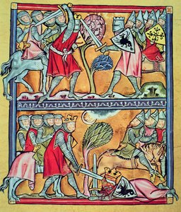 شارلمان وأتباعه في المعركة ضد المسلمون ، صورة مصغرة من "شارلمان وقلاده" (رق) بواسطة المدرسة الفرنسية