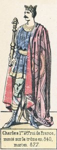 Charles 1er, 26e roi de France, monte sur le trone en 840, mort en 877 (coloured engraving) بواسطة المدرسة الفرنسية