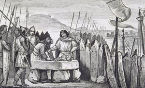 تشارلز الثالث الدهون (839-88) يدفع سداد غزاة الفايكنج في 886 ، من "هيستوار دي فرانس" من قبل كولارت ، نُشر عام 1840 (النقش) بواسطة المدرسة الفرنسية