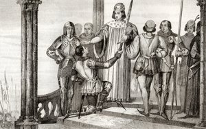 تشارلز الخامس (1358-80) يقدم الحكيم سيفه إلى Duguesdin ، من `` Histoire de France &39;&39; بواسطة Colart ، تم نشره عام 1840 بواسطة المدرسة الفرنسية