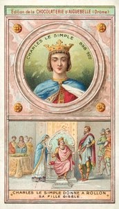 Charles the Simple giving his daughter Gisele to Rollo of Normandy in marriage, 911 (chromolitho) بواسطة المدرسة الفرنسية