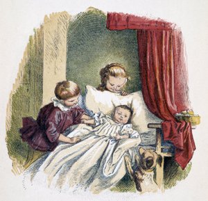 Children playing a doll in “” Schnik, schnak, trifles for the little ones””, children