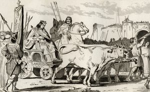 Clovis III (682-95) في عربة سحبها الثيران ، مع Pepin II of Herstal (c.714) يركب إلى جانبه ، من `` Histoire de France &39;&39; بواسطة Colart ، تم نشره عام 1840 بواسطة المدرسة الفرنسية