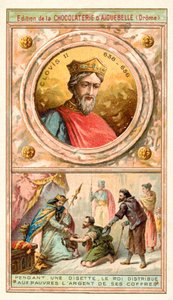 Clovis II giving money from his coffers to the poor during a time of hardship, 7th Century (chromolitho) بواسطة المدرسة الفرنسية