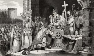 Clovis I (465-511) عمد مع رجال من جيشه قبل معركة Tolbiac ، من "Histoire de France" بواسطة Colart ، تم نشره عام 1840 بواسطة المدرسة الفرنسية
