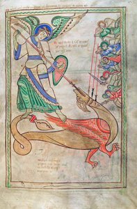 سمك القد. الجرف. 1 فالداخل. خط العرض. 15 و ، القديس مايكل يقاتل التنين ، من Liber Floridus بقلم لامبرت دي سان أومير c.1120 بواسطة المدرسة الفرنسية